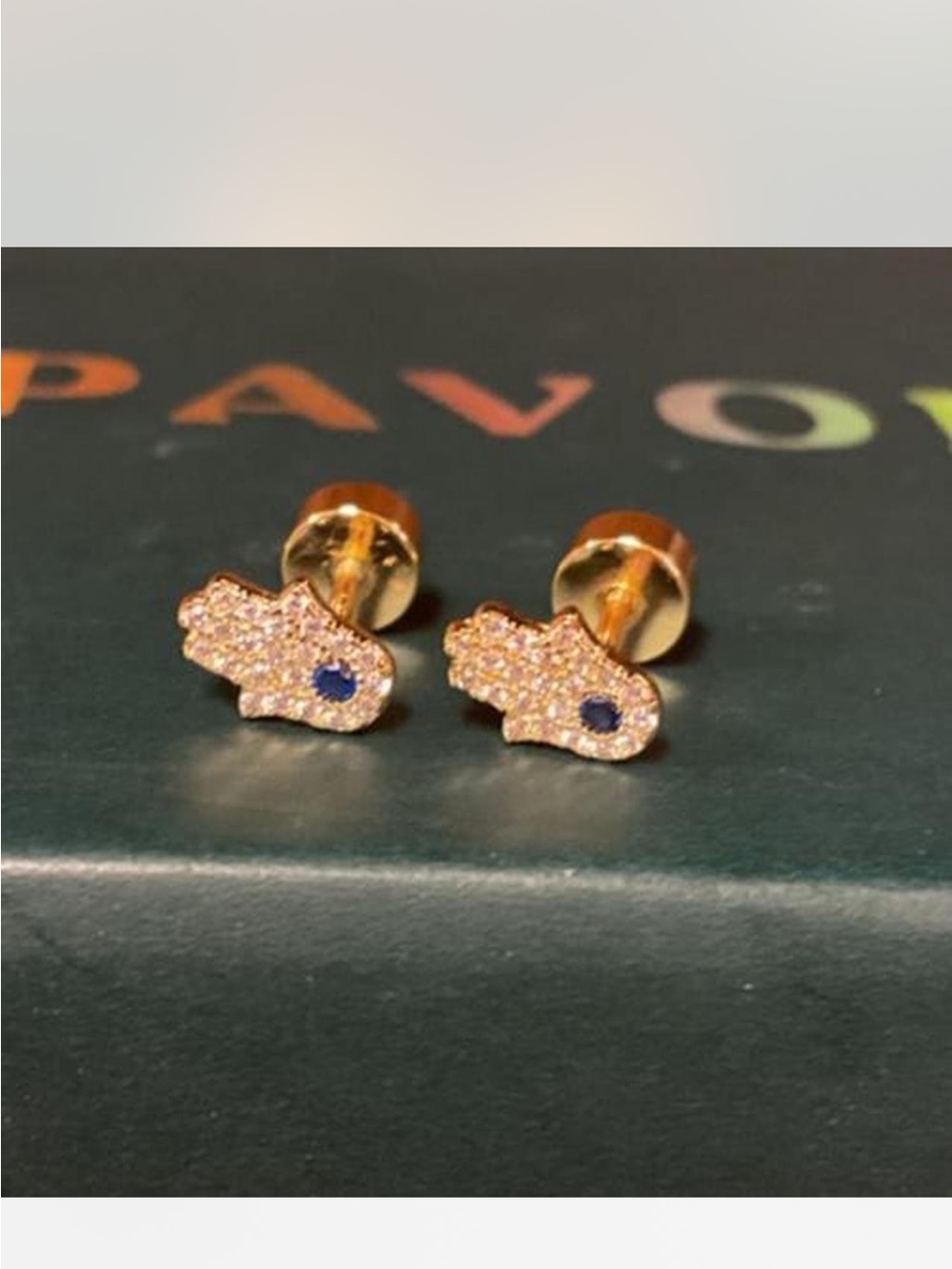 Pavoi Gold Hamsa Pavé Stud Earrings with Blue Center Accent